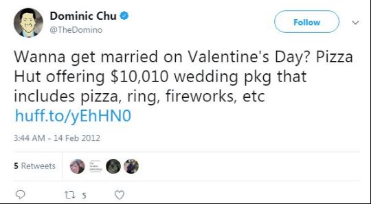 Tweets of Dominic Chu about him getting married on valentines day.